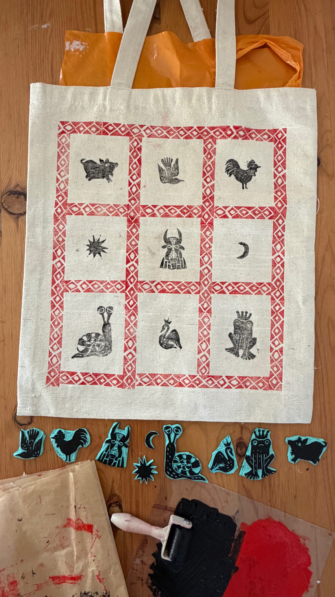 Hand-printed tote bag with 9 whimsy stamps