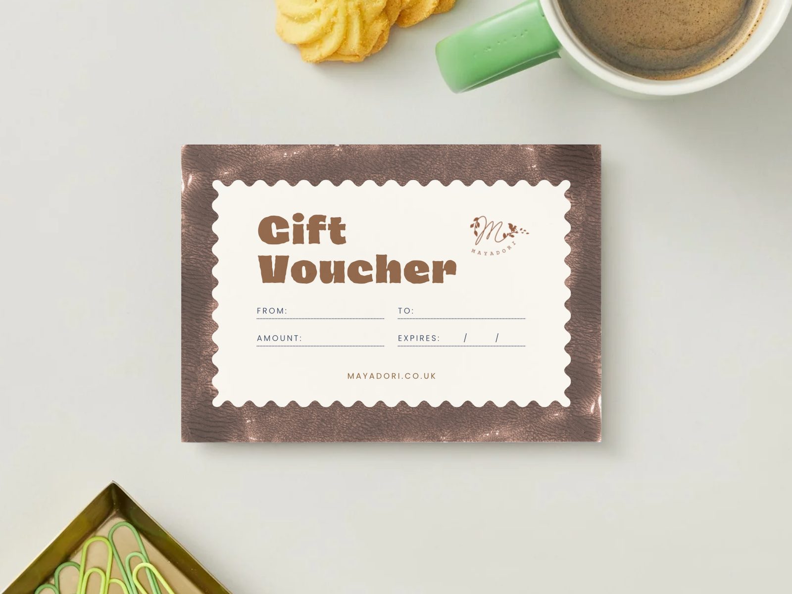 Mayadori hand-printed gift voucher on a brown envelope