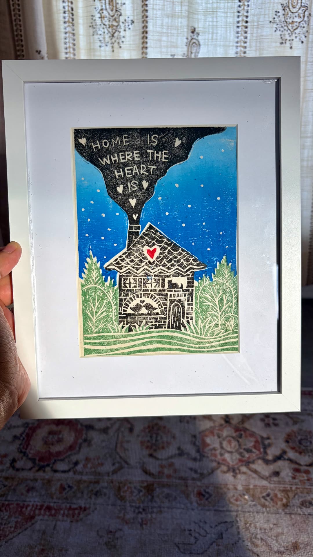 Framed Home is where the heart is lino print