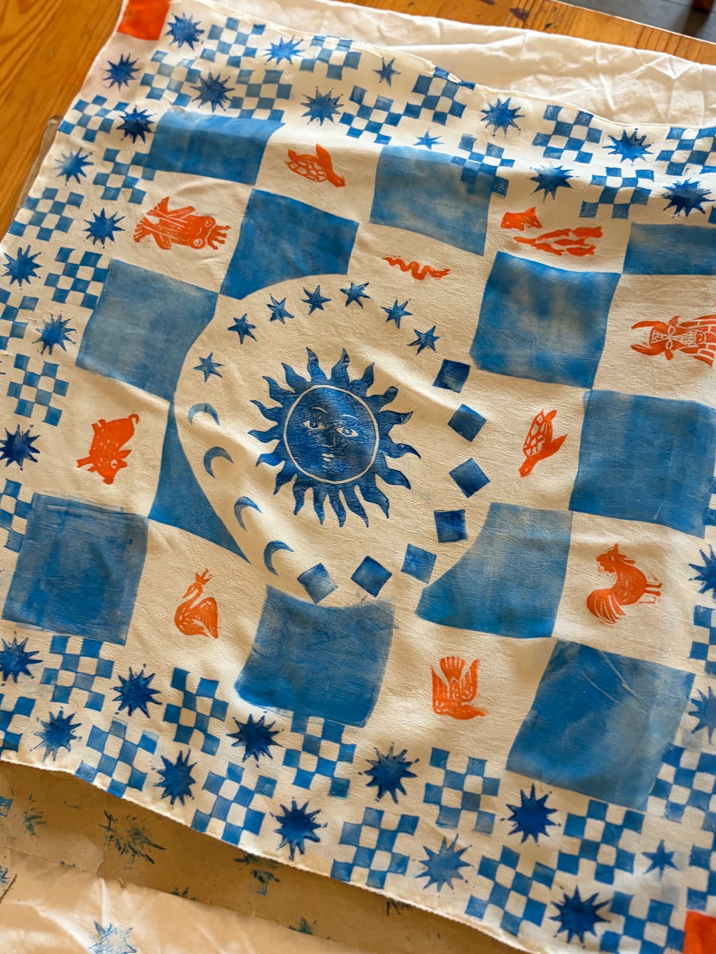 Blue and orange hand-printed textile