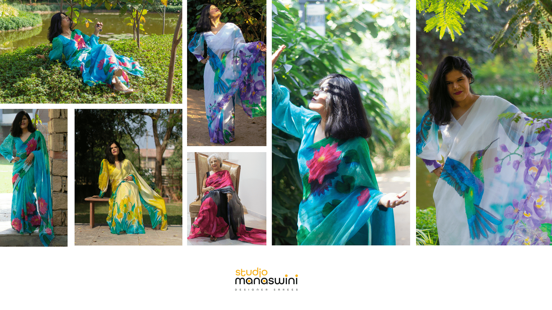 Bagicha Chic lookbook — hand-painted organza sarees photographed in a garden