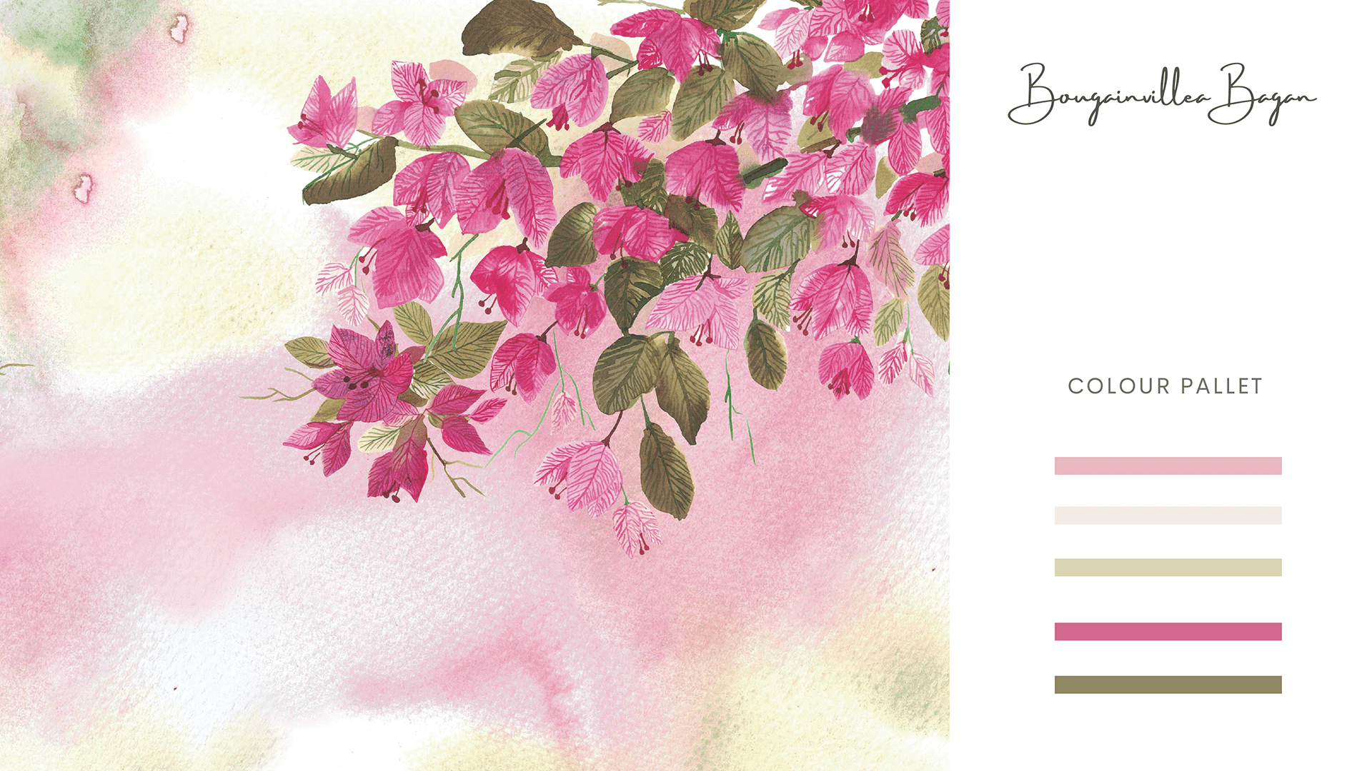 Bougainvillea Bagan — soft pinks and olive greens.