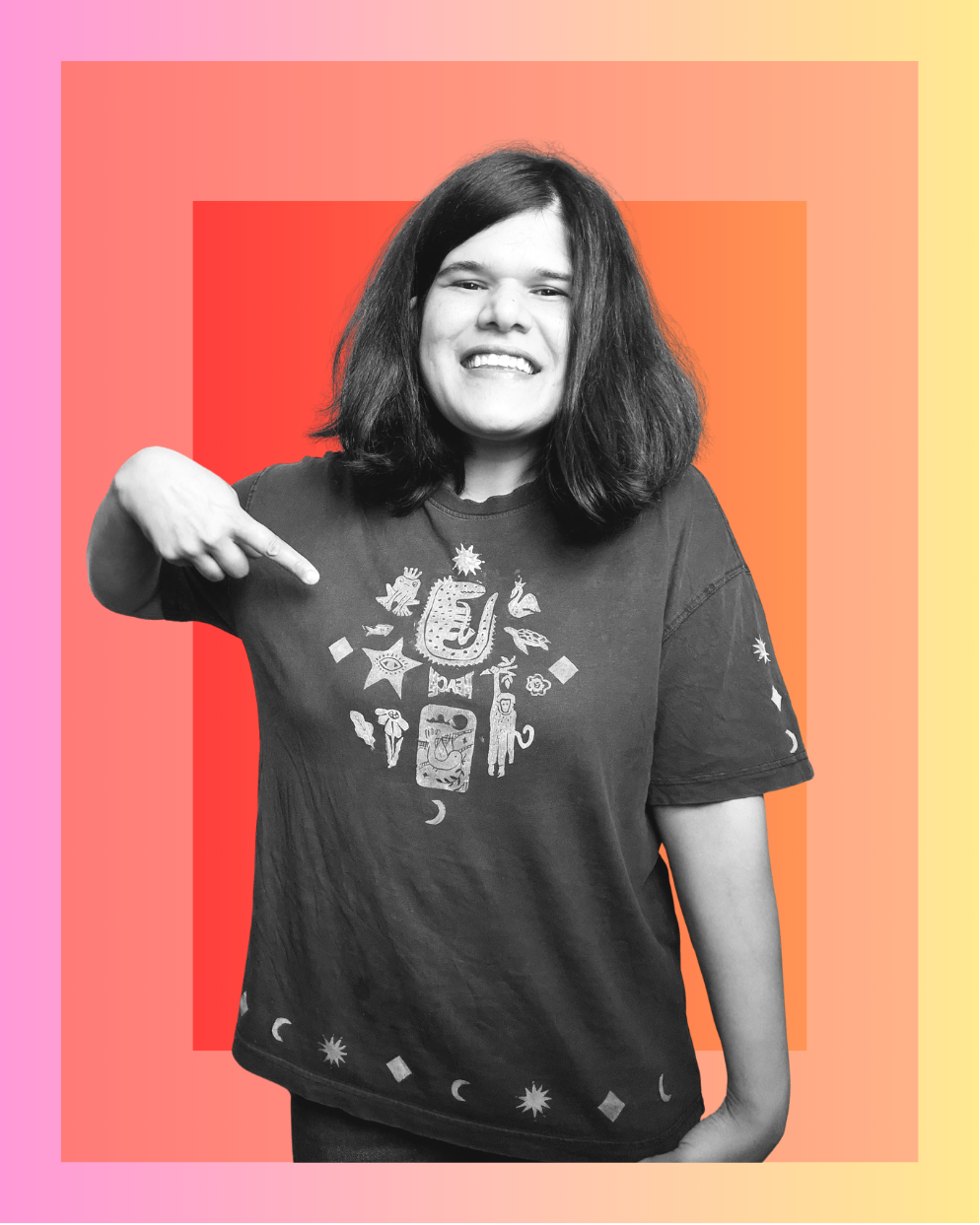 Model wearing a hand-printed T-shirt with whimsical lino block designs