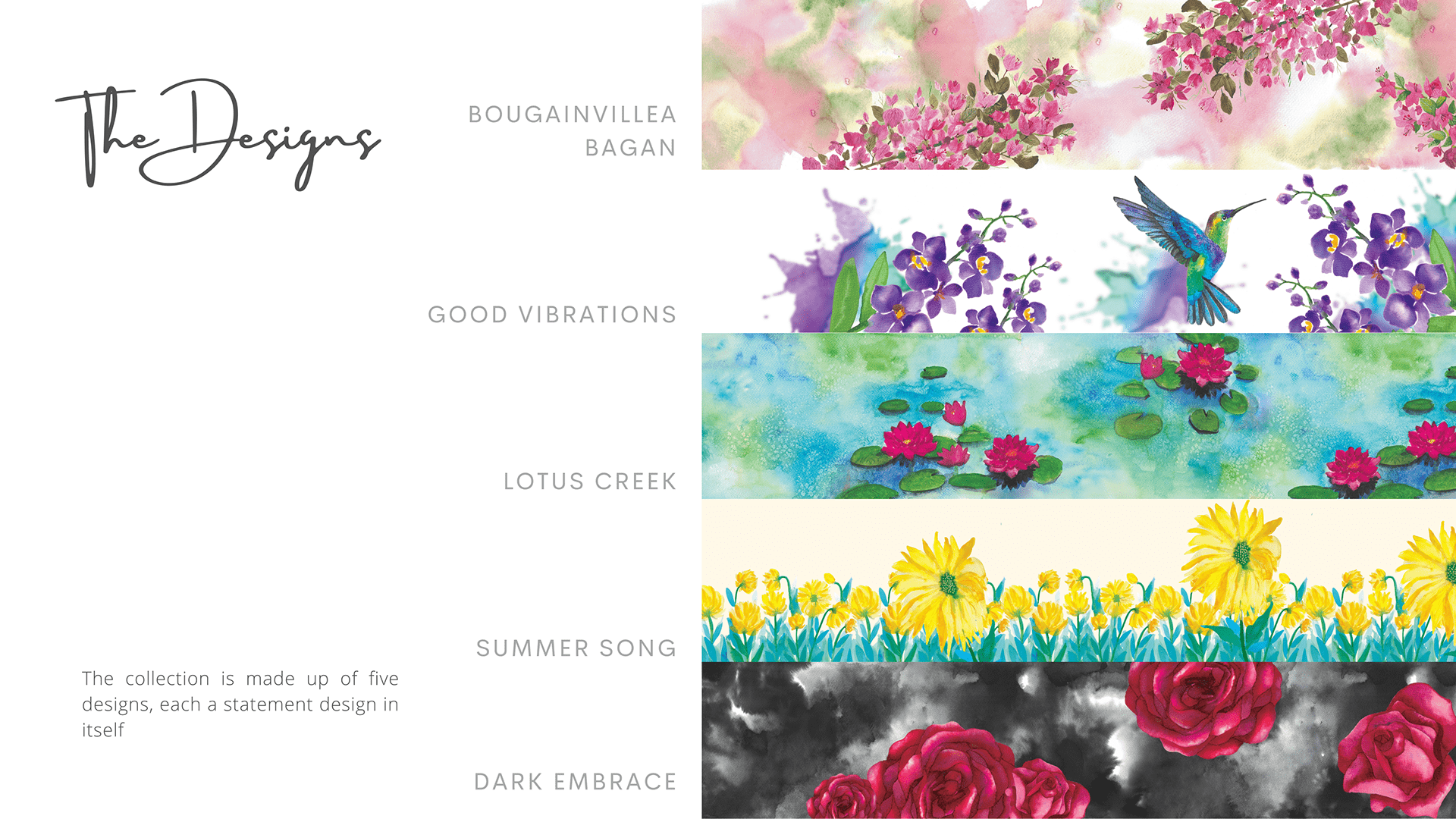 The five signature designs that make up the collection.