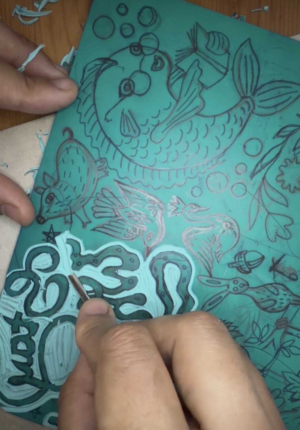 Detailed lino carving in progress