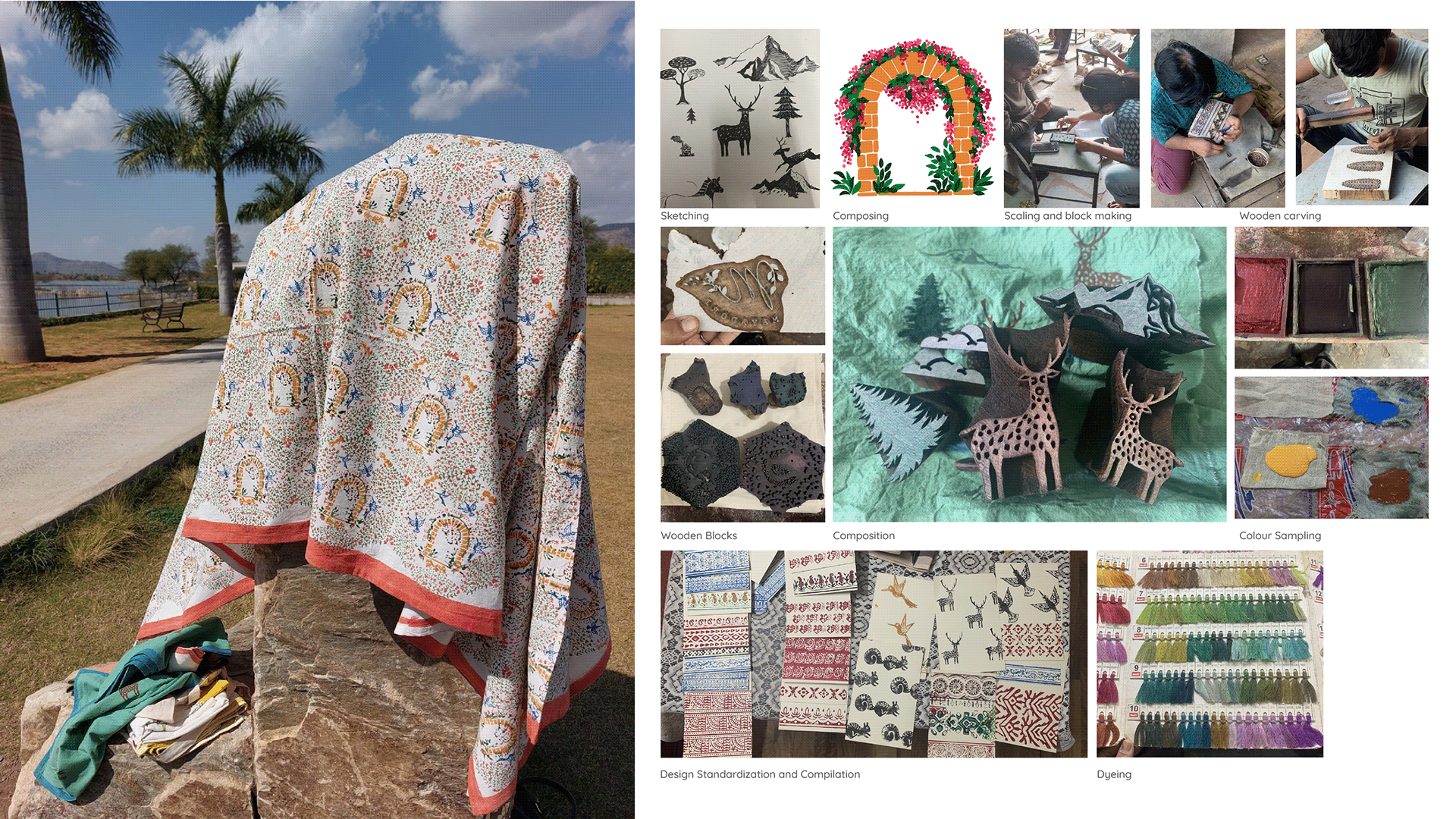 Full process — sketching, block carving, composition, dyeing, printing