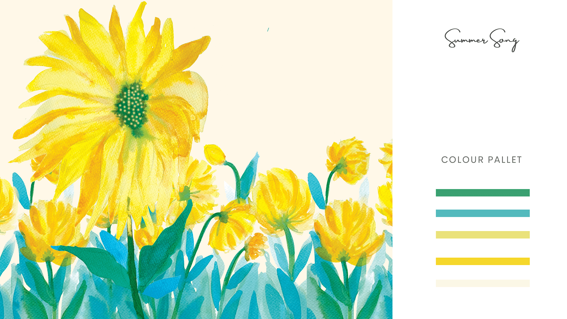 Summer Song — sunflowers in yellow and teal.