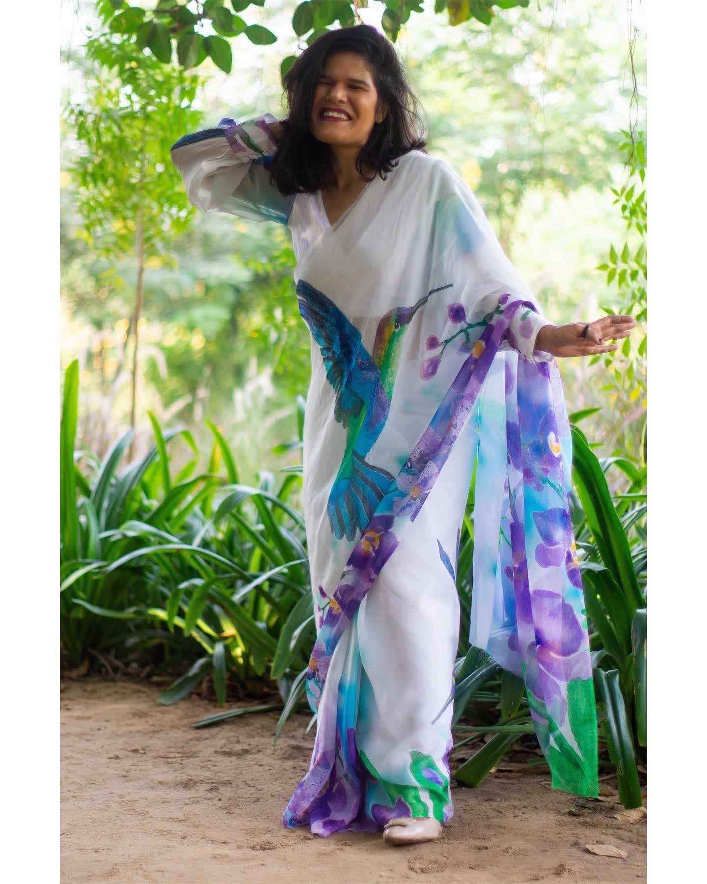 Hand-painted hummingbird and orchid saree