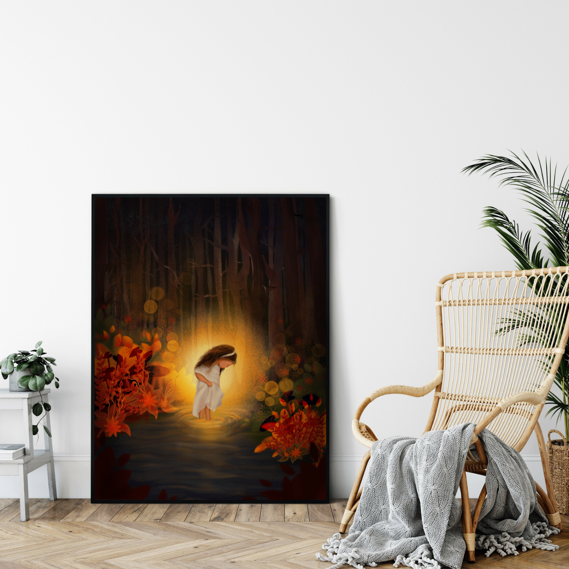 Original illustrated artwork — girl in a glowing forest