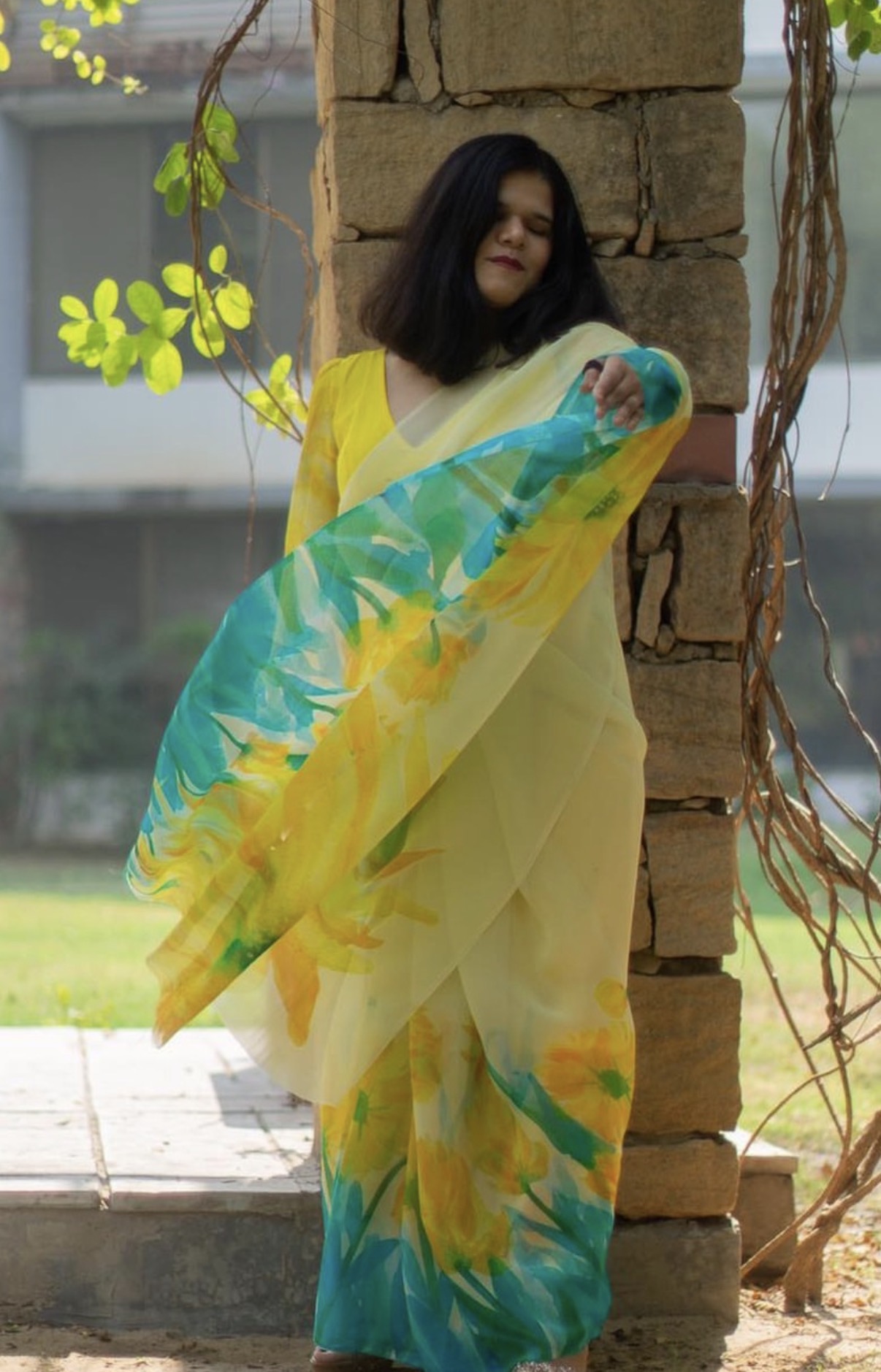 Hand-painted yellow floral saree