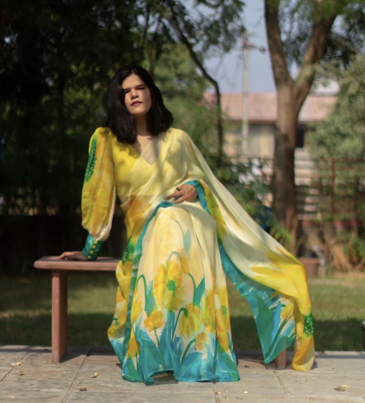 Hand-painted yellow saree with sunflowers