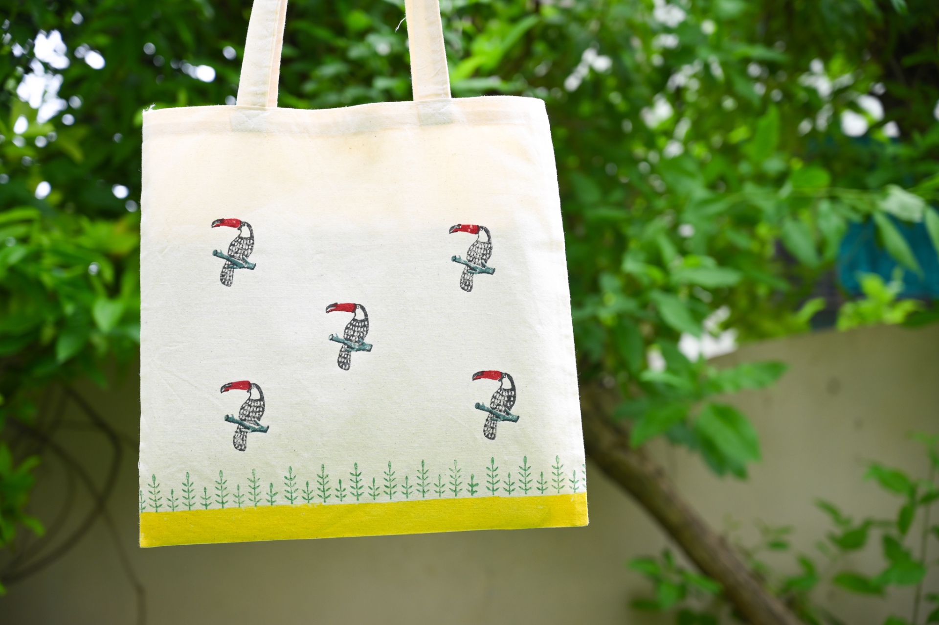 Hand block-printed toucan tote bag